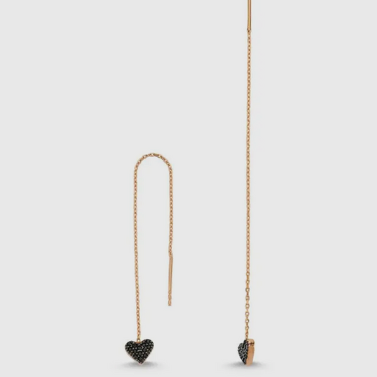 Black Heart Threader Earrings in Rose Gold