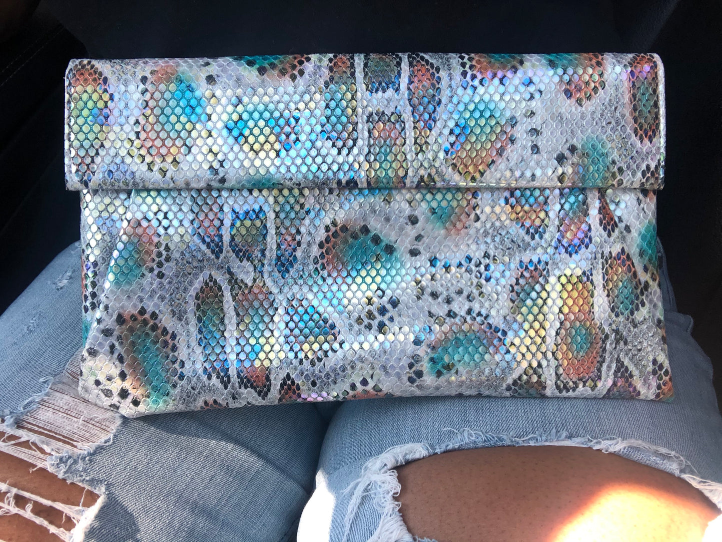 Holographic Snake Print Envelope Clutch