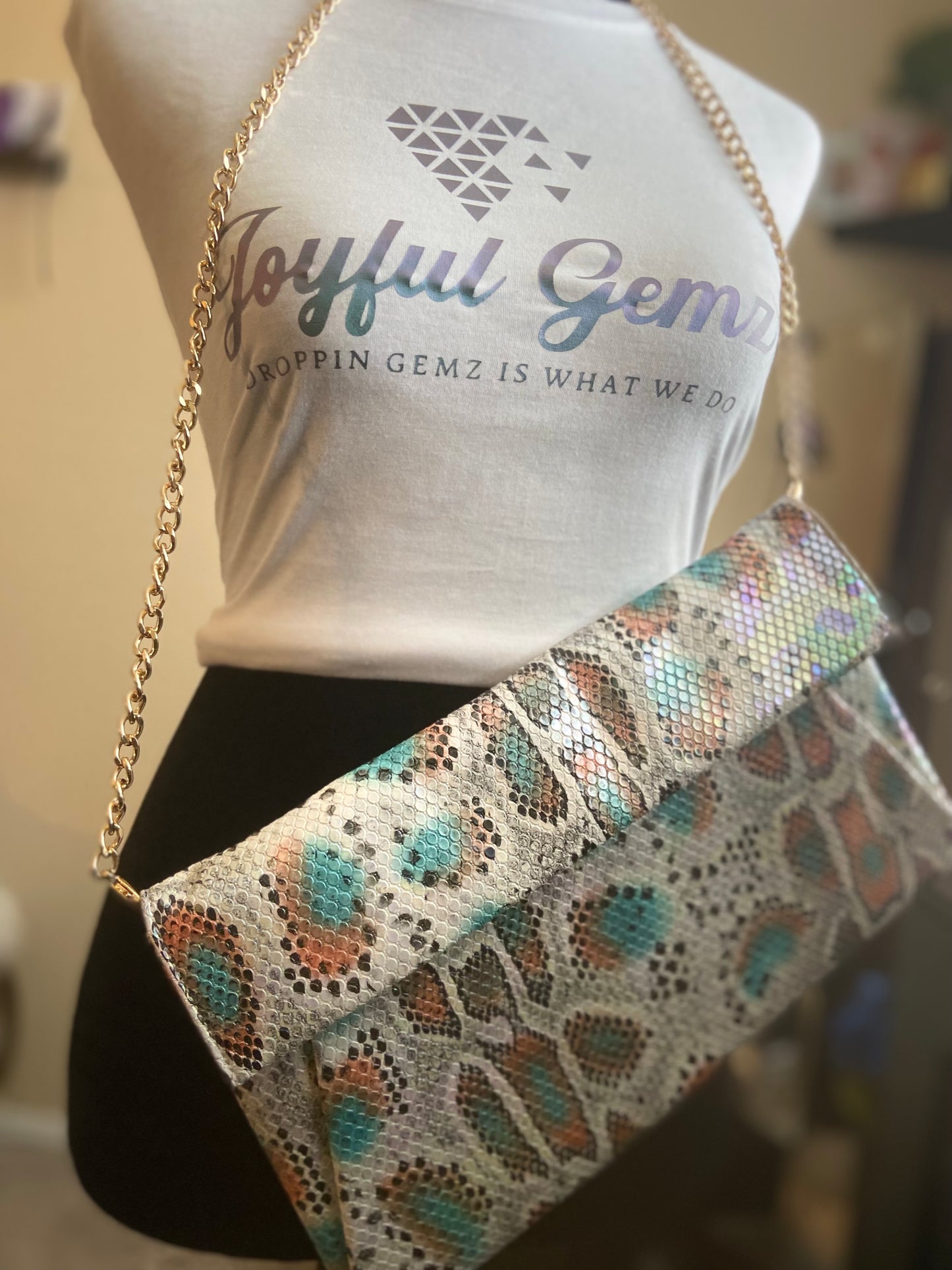 Holographic Snake Print Envelope Clutch