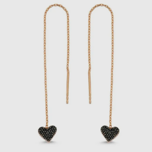 Black Heart Threader Earrings in Rose Gold